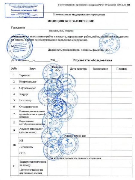 Справка для работы на высоте по форме 405